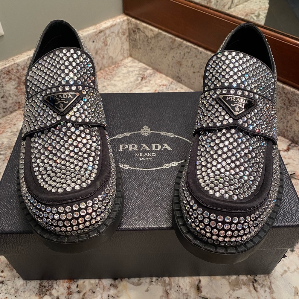 RARE- Prada Crystal Logo Flat Loafers - Picture 1 of 6